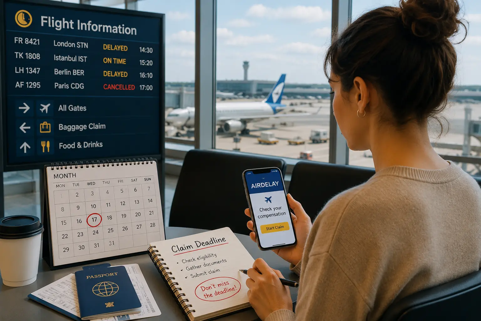 Passenger at an airport reviewing a flight compensation claim deadline with travel documents and a calendar