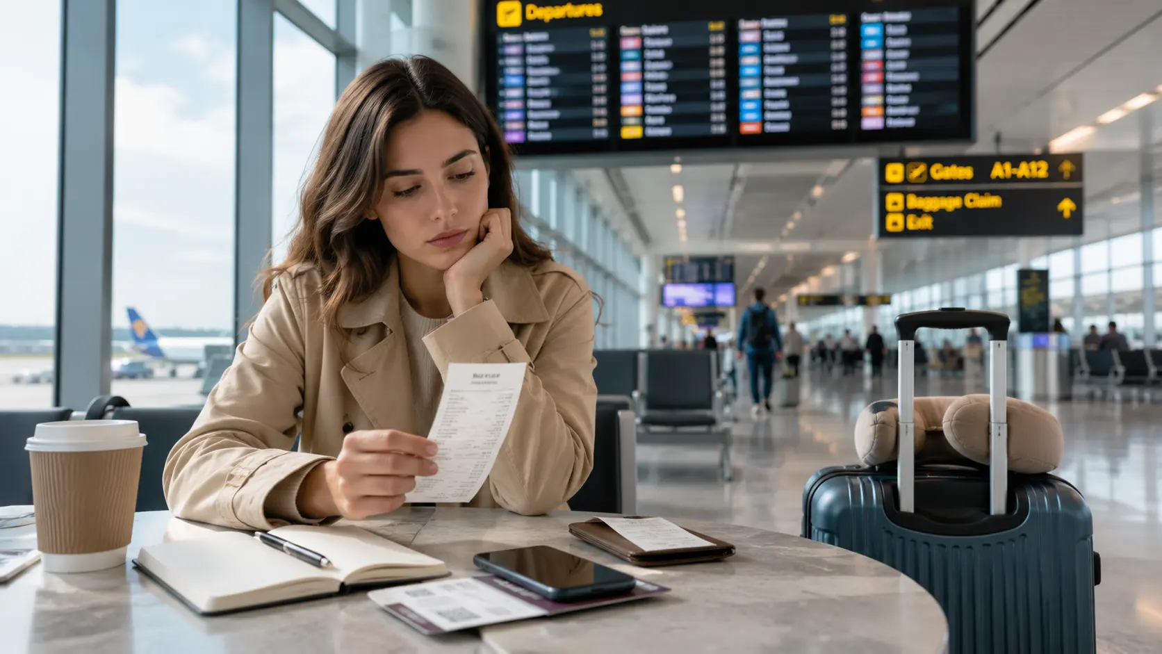 Passenger reviewing expense receipts while waiting in an airport terminal