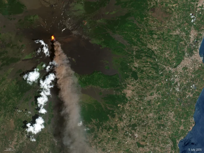 Satellite view of Mount Etna emitting a volcanic plume over Sicily on 5 July 2026